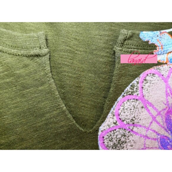 Lucky Asian Chinese Oriental V-Neck Guanyin Goddess Olive Distressed Edgy Tee XS - Picture 5 of 9